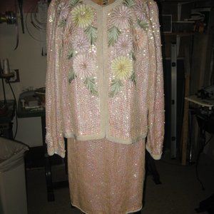 Vintage Woman 3 piece White sequin with beads and pearls suit